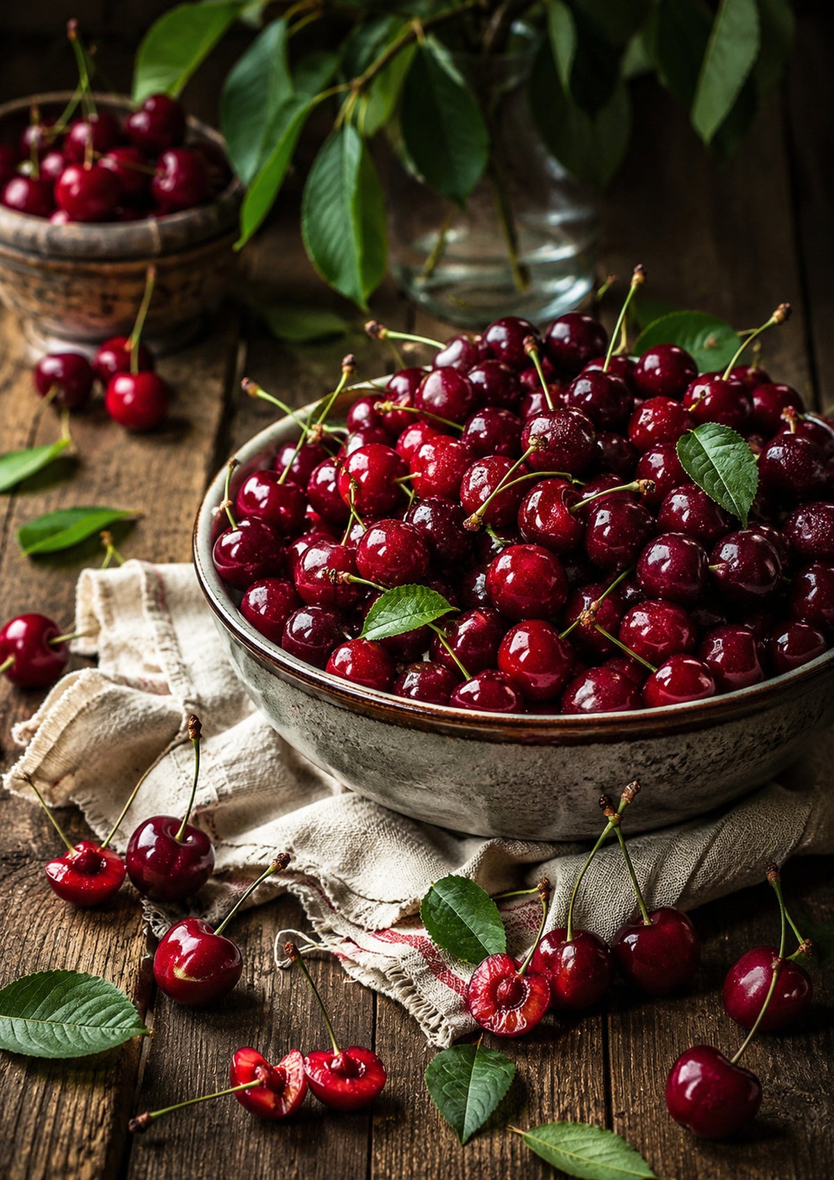 Ruby Cherries on a Rustic Farmhouse Table food and kitchen wall print by PosterMe.shop