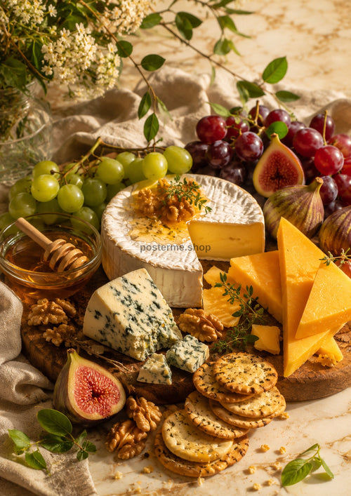 Cheese Honey Fig and Walnut Grazing Board food and kitchen wall print by PosterMe.shop