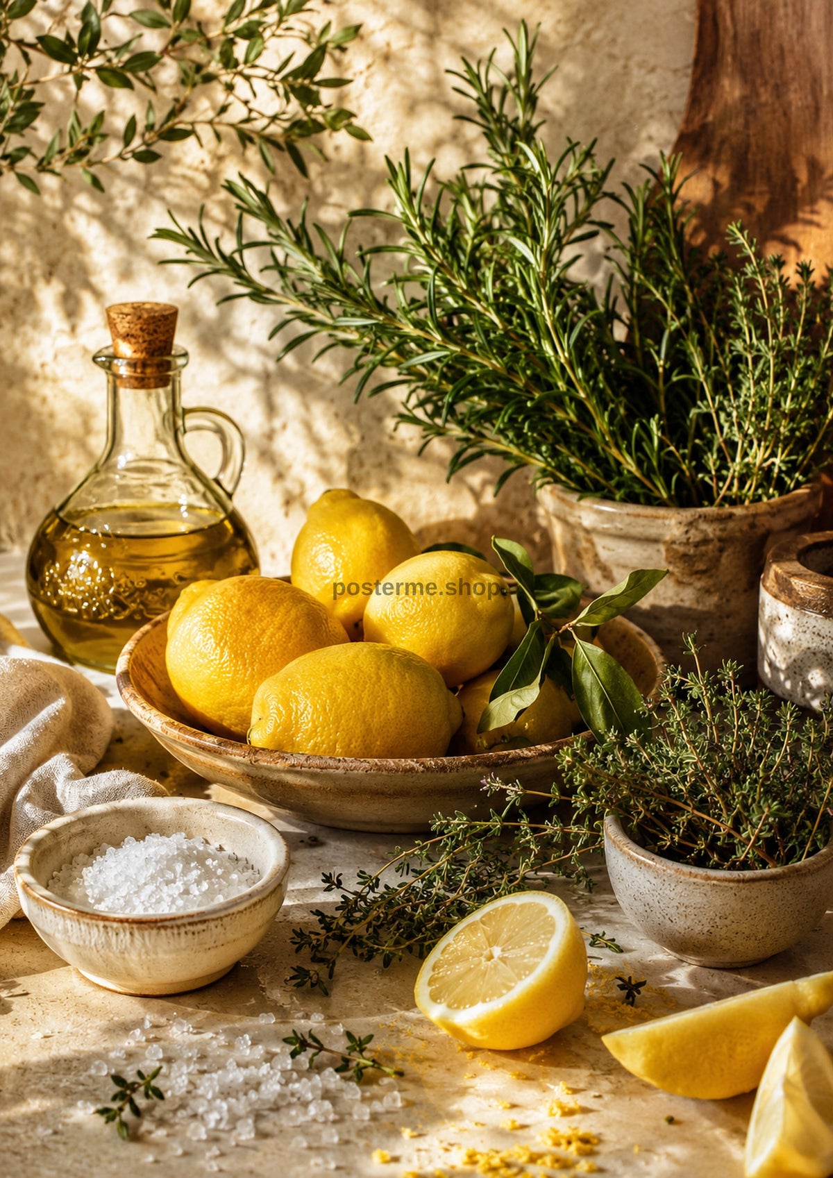 Lemons Rosemary Thyme and Golden Olive Oil food and kitchen wall print by PosterMe.shop