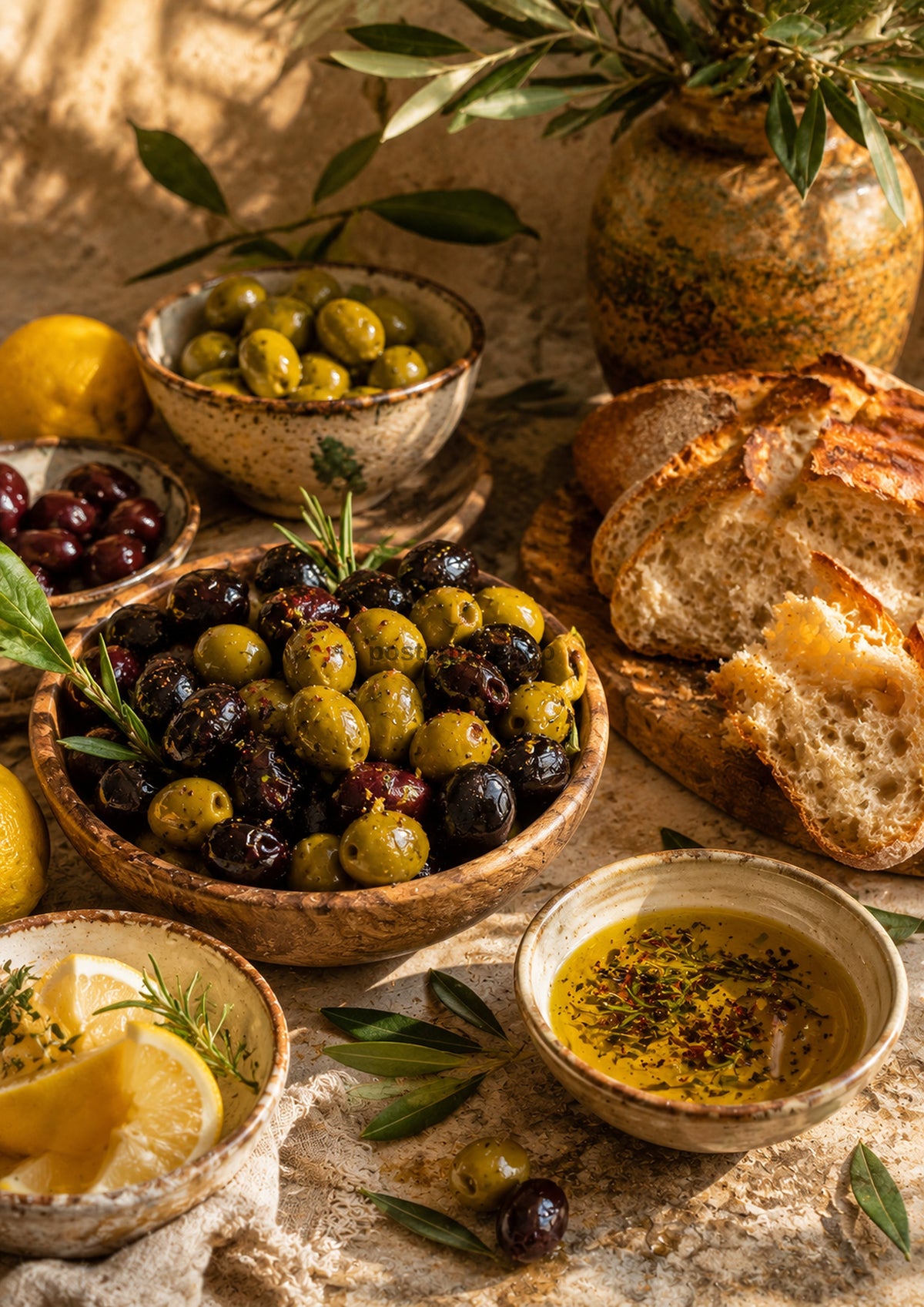 Mediterranean Olives Bread and Herb Oil food and kitchen wall print by PosterMe.shop