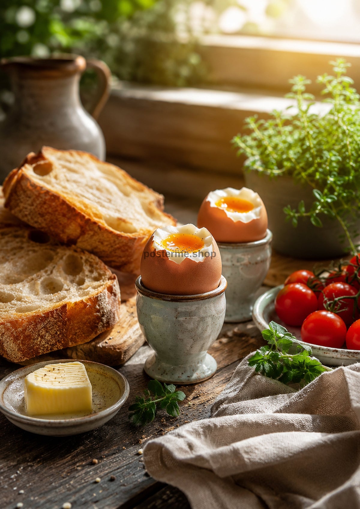 Soft Boiled Eggs Toast and Garden Tomatoes food and kitchen wall print by PosterMe.shop