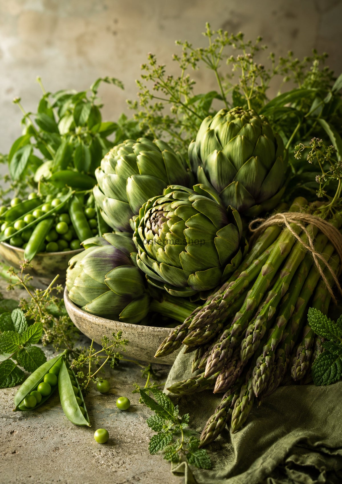 Artichokes Asparagus and Garden Peas food and kitchen wall print by PosterMe.shop