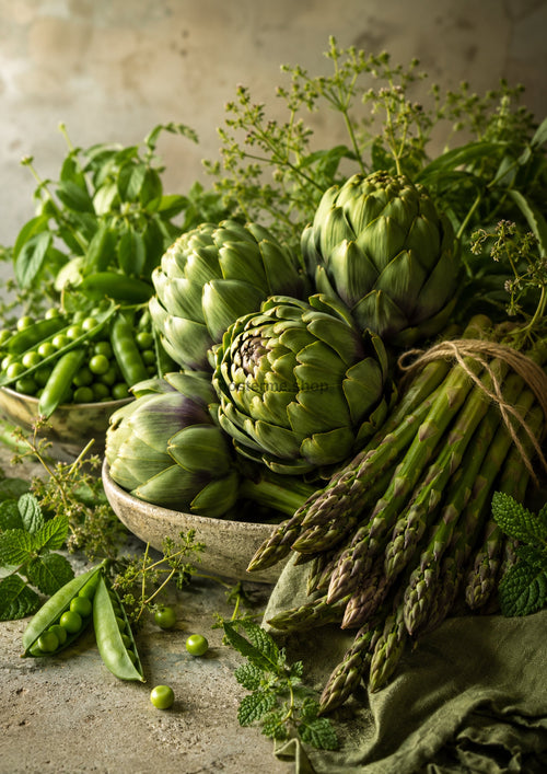 Artichokes Asparagus and Garden Peas food and kitchen wall print by PosterMe.shop