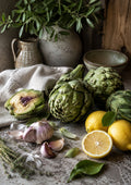 Artichokes Lemon Garlic and Olive Leaves food and kitchen wall print by PosterMe.shop