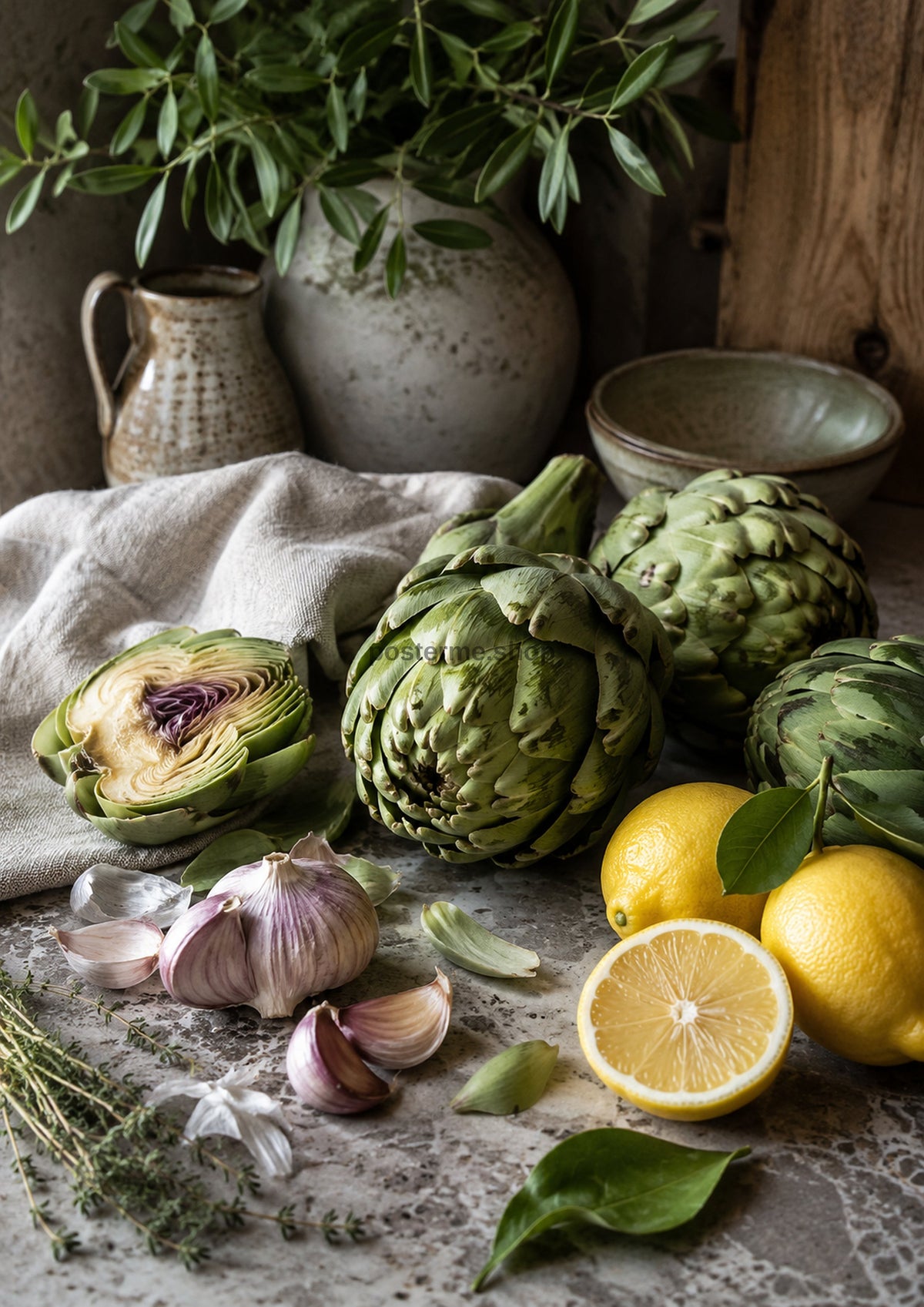 Artichokes Lemon Garlic and Olive Leaves food and kitchen wall print by PosterMe.shop