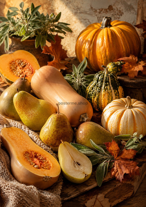 Autumn Squash and Pear Harvest food and kitchen wall print by PosterMe.shop