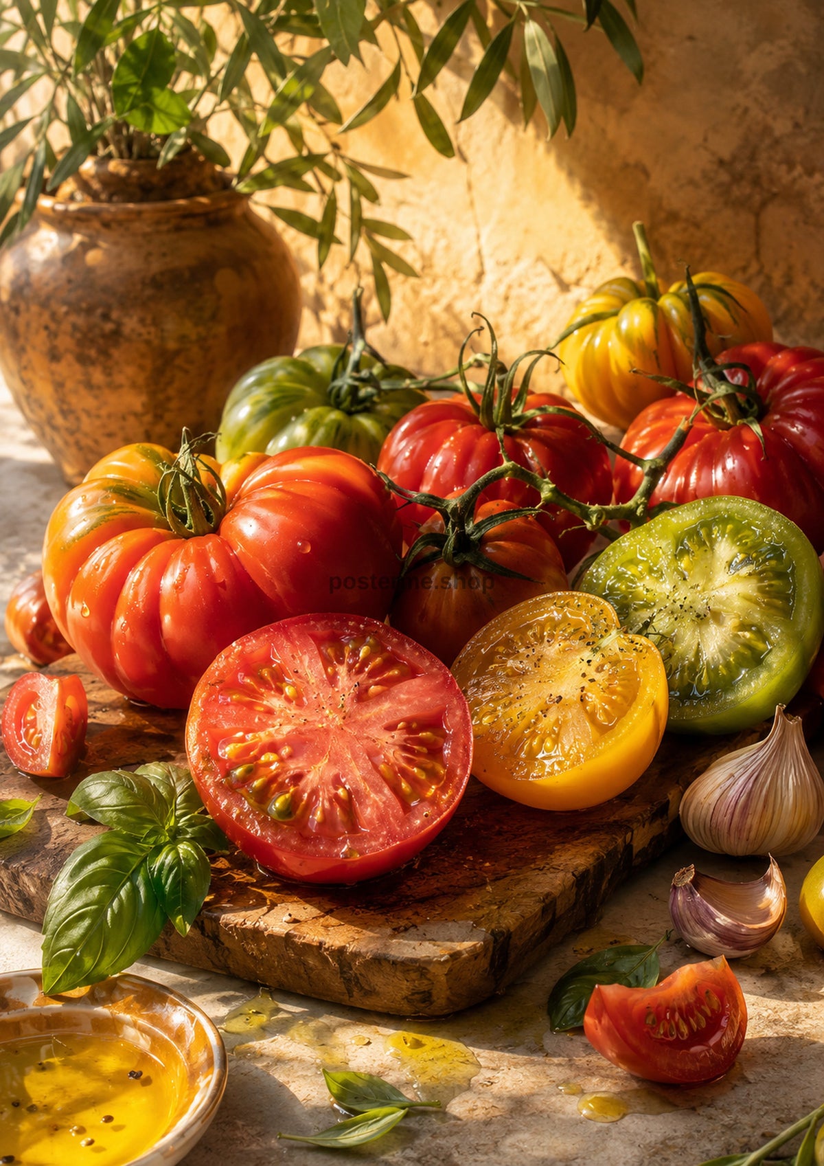 Heirloom Tomatoes in Mediterranean Sunlight food and kitchen wall print by PosterMe.shop