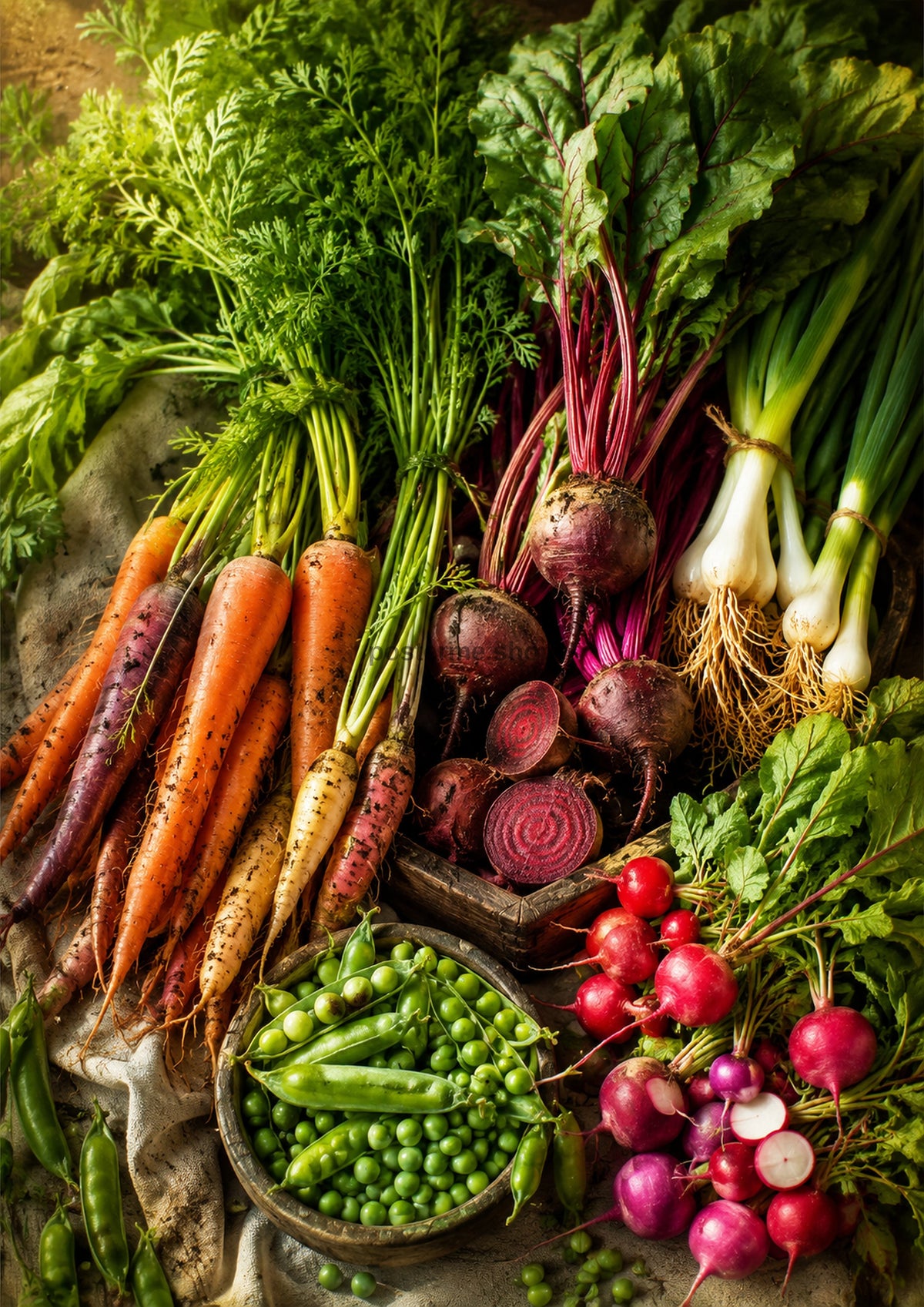 Market Carrots Beets Radishes and Peas food and kitchen wall print by PosterMe.shop
