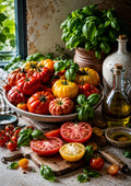 Mediterranean Tomato and Basil Harvest food and kitchen wall print by PosterMe.shop