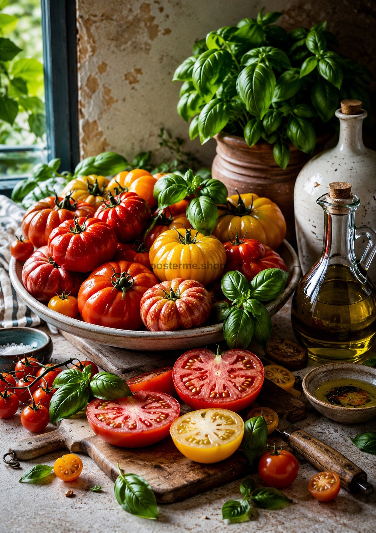 Mediterranean Tomato and Basil Harvest food and kitchen wall print by PosterMe.shop