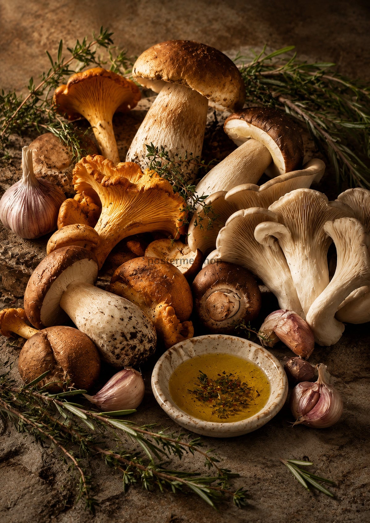Wild Mushroom Selection with Rosemary food and kitchen wall print by PosterMe.shop
