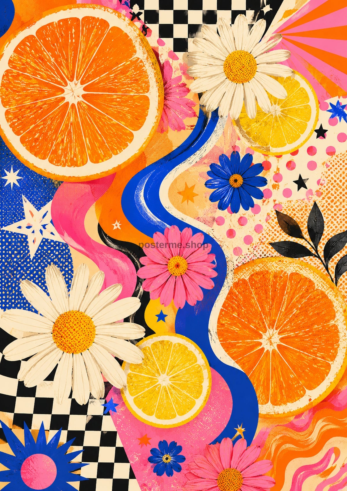 Retro Citrus and Daisy Collage maximalist art print by towelme