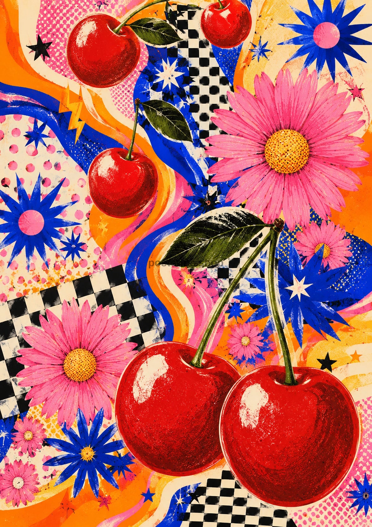 Psychedelic Cherries and Blossoms maximalist art print by towelme