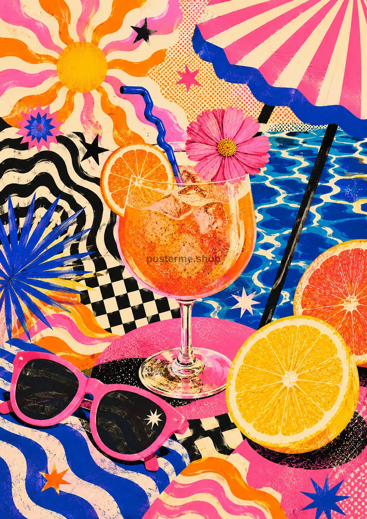 Retro Summer Poolside Spritz maximalist art print by towelme