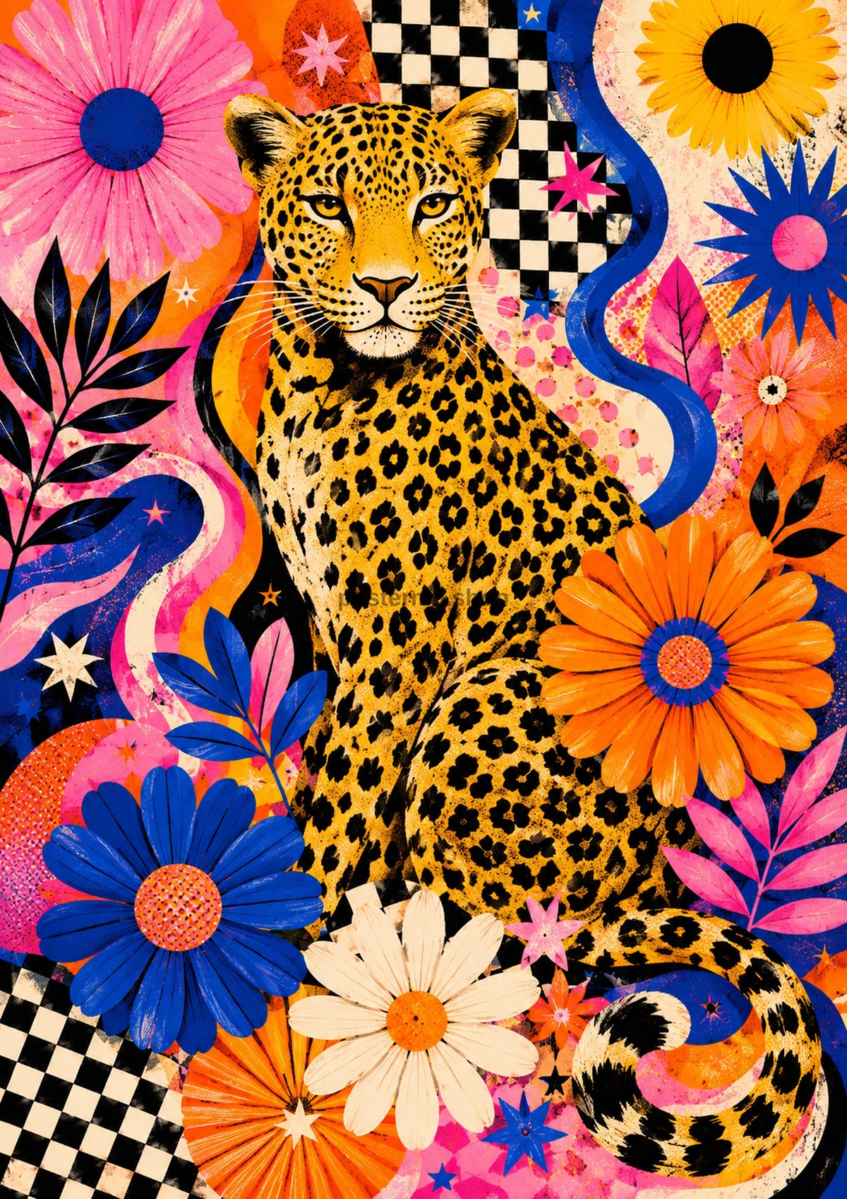 Vibrant Leopard in a Psychedelic Jungle maximalist art print by towelme
