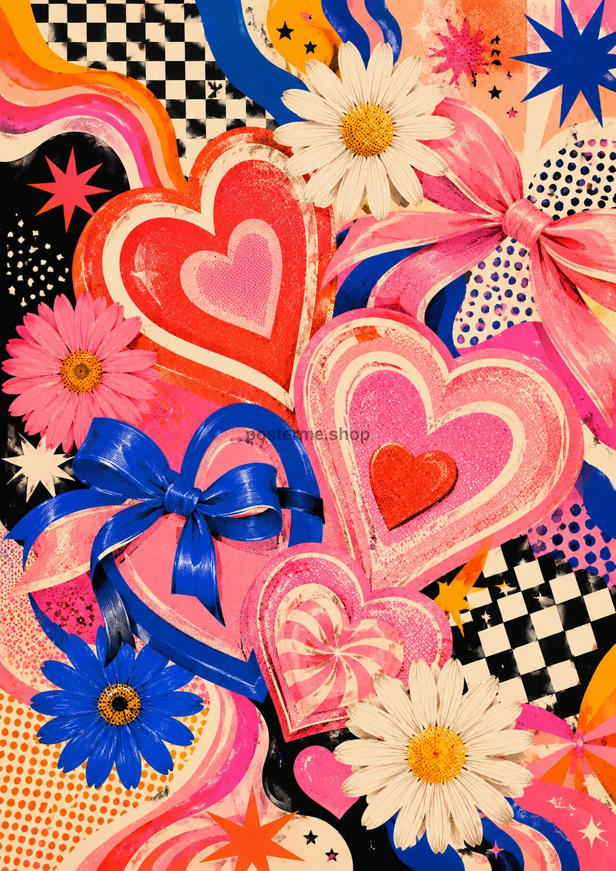 Retro Candy Hearts and Bows maximalist art print by towelme