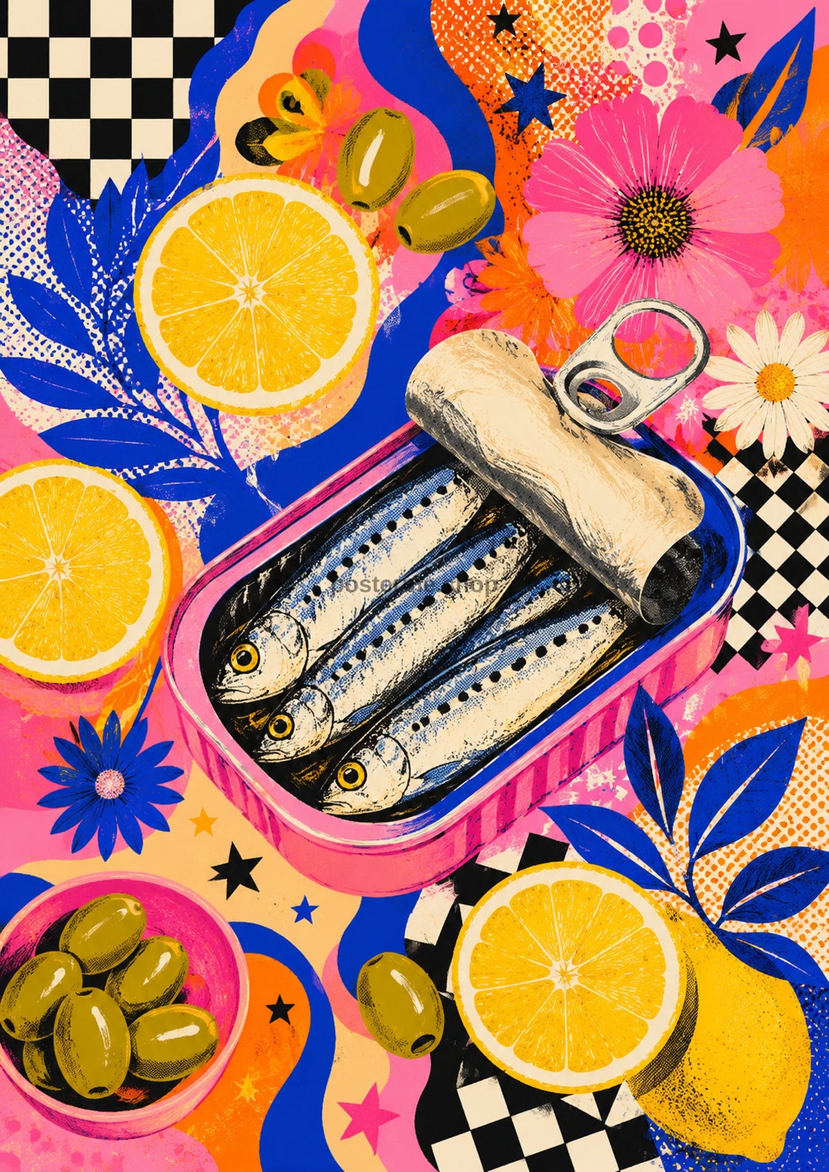 Mediterranean Sardines Lemons and Olives maximalist art print by towelme