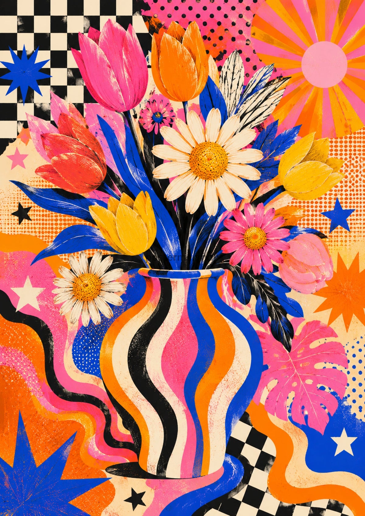 Vibrant Floral Vase in Retro Waves maximalist art print by towelme