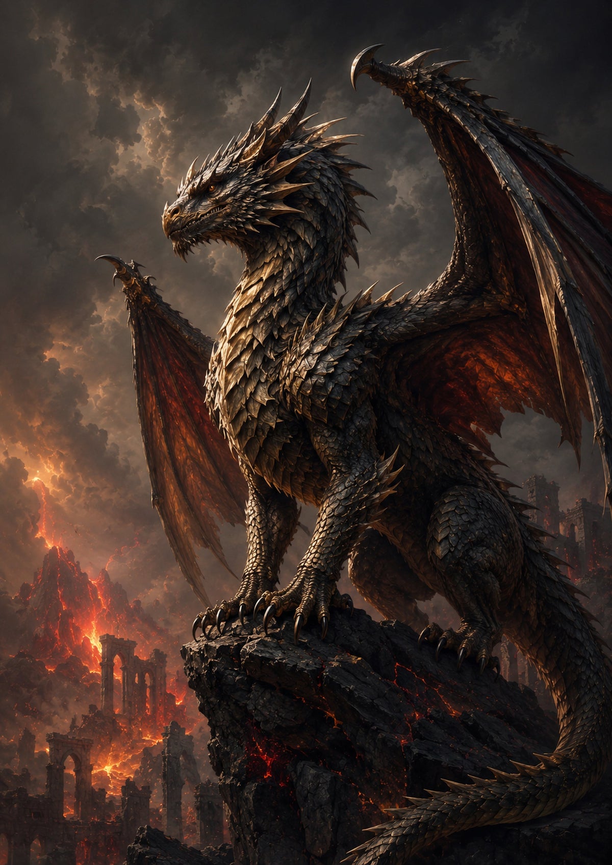 Obsidian Dragon of the Volcanic Throne mythical creature fantasy wall print by towelme