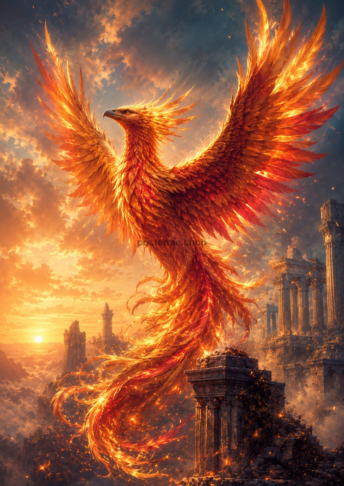 Phoenix Rising from the Ashen City mythical creature fantasy wall print by towelme