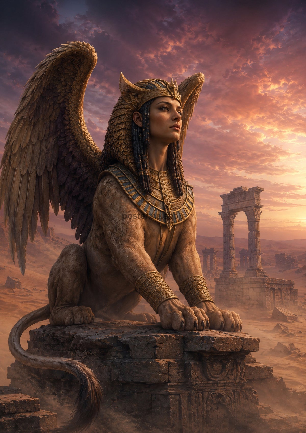 Sphinx Guardian at Desert Dawn mythical creature fantasy wall print by towelme