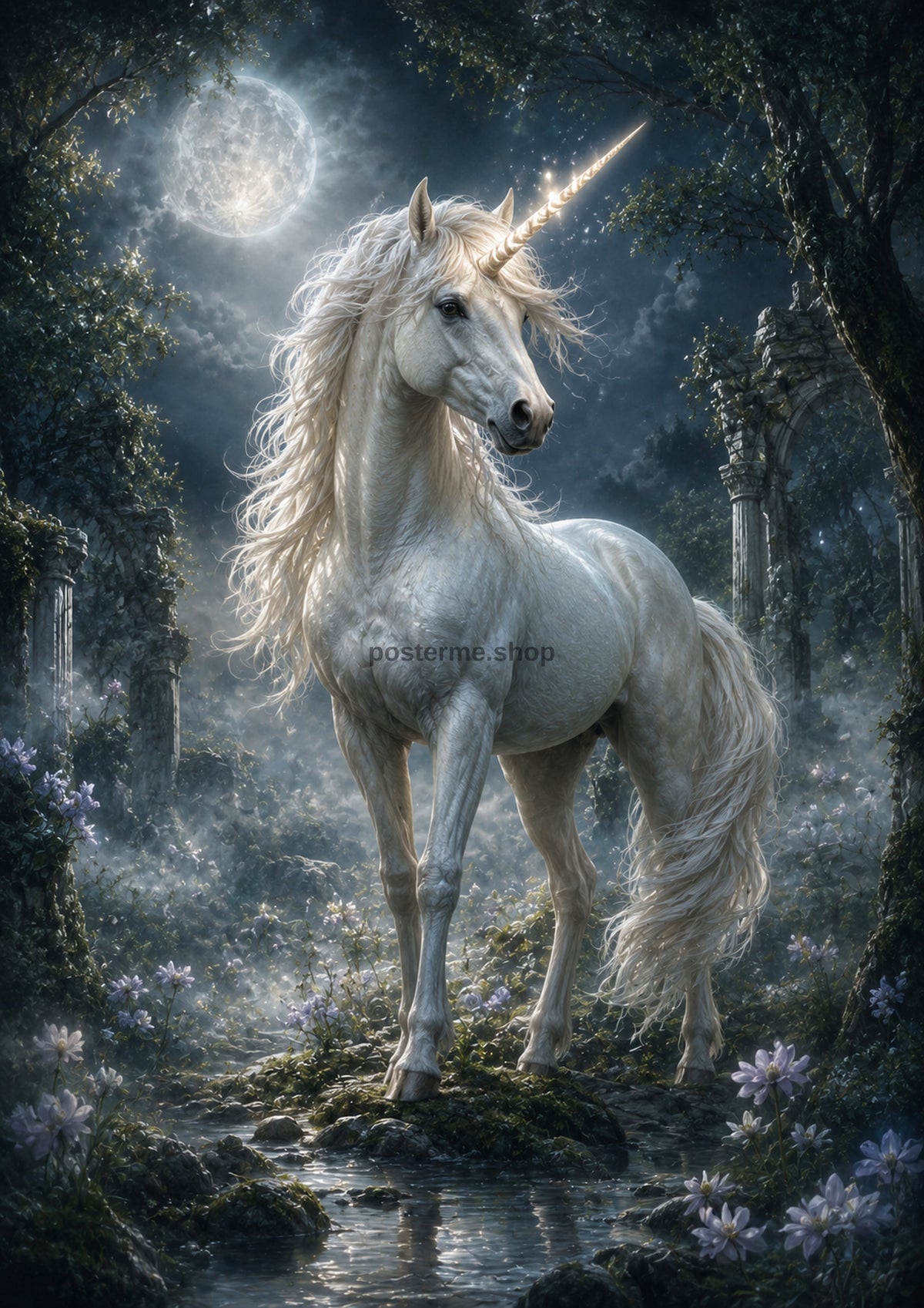 Moonlit Unicorn in the Enchanted Grove mythical creature fantasy wall print by towelme