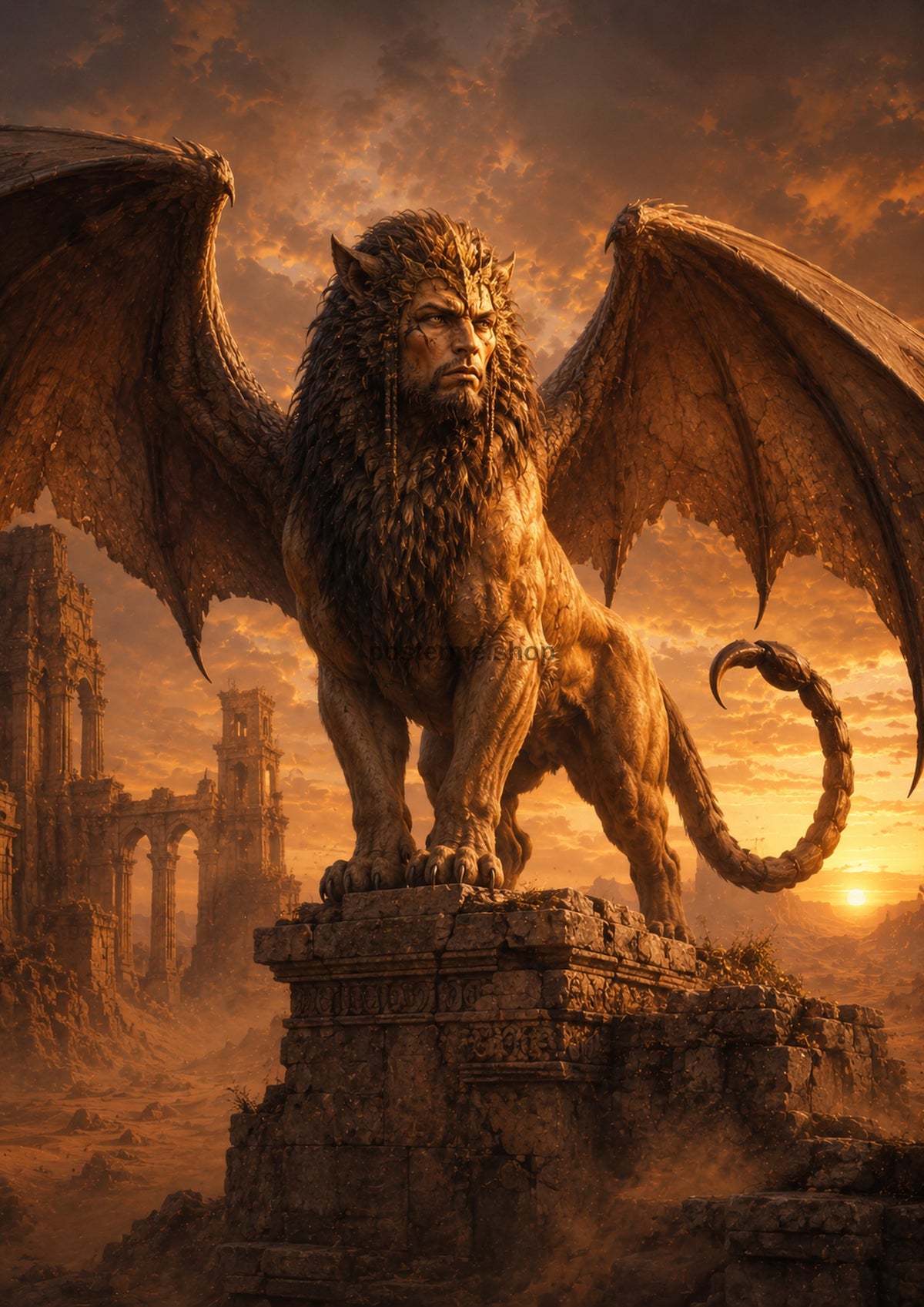 Winged Manticore of the Amber Wastes mythical creature fantasy wall print by towelme