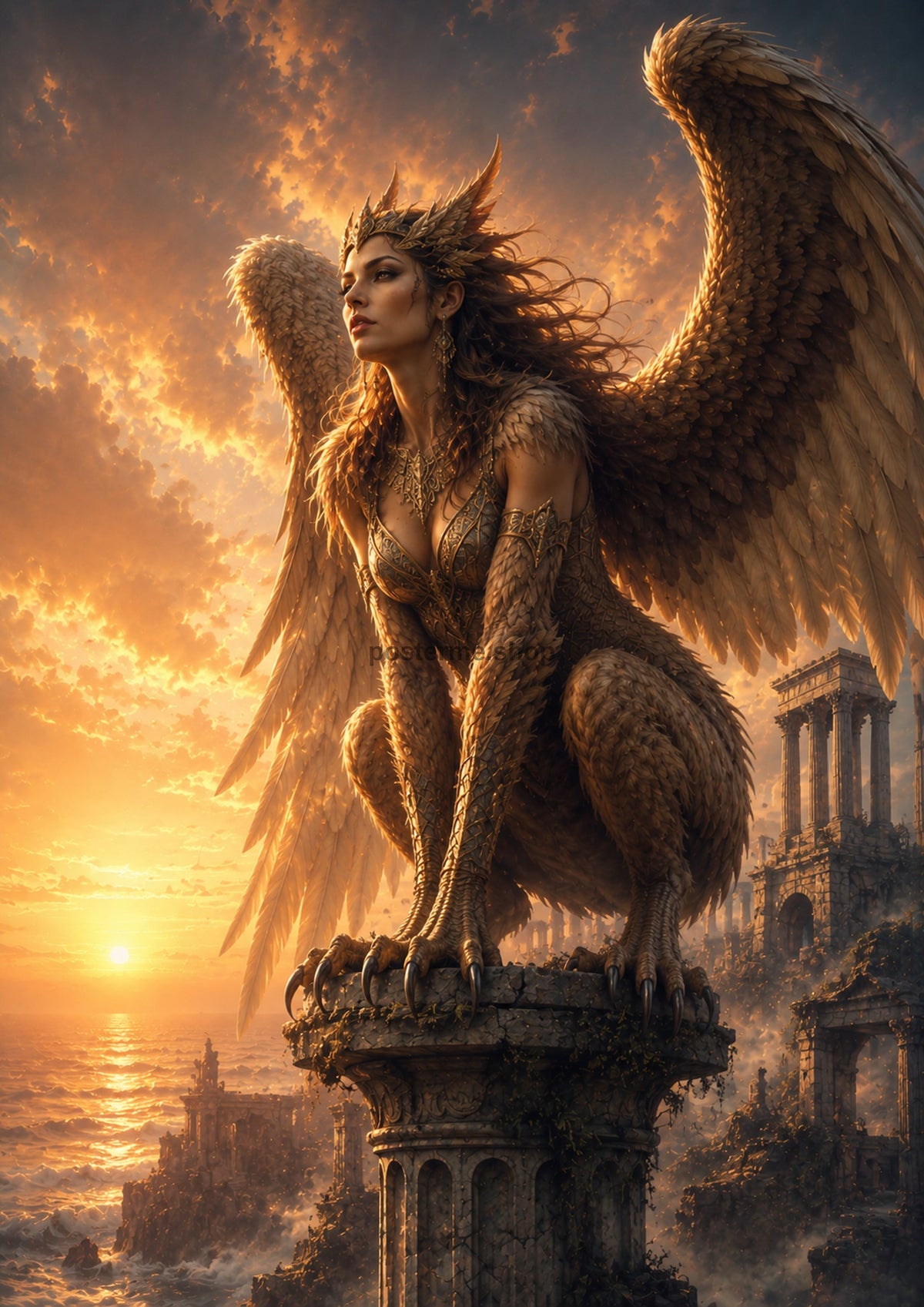 Golden Harpy Guardian at Sunset mythical creature fantasy wall print by towelme