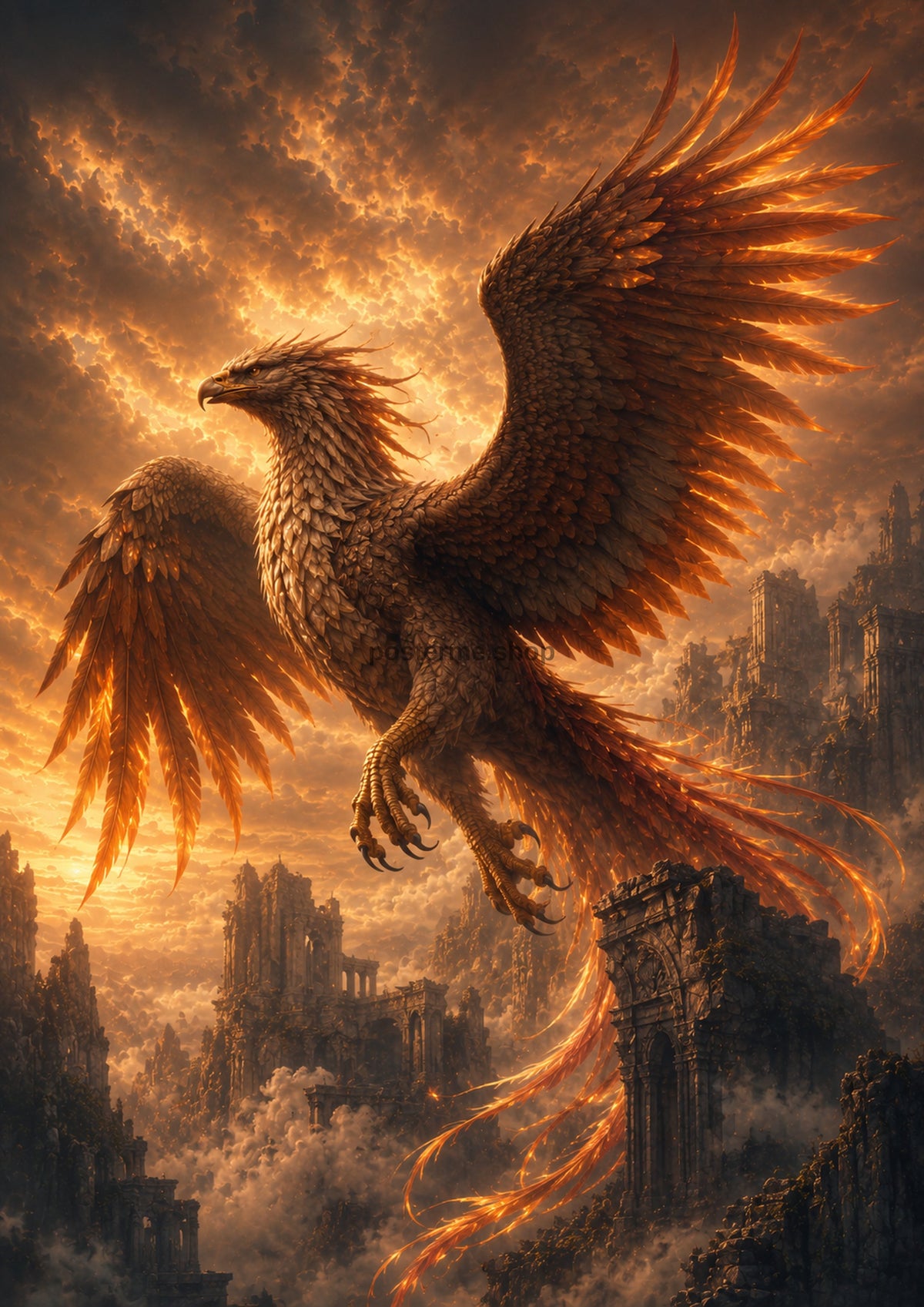 Ember Roc Above the Fallen City mythical creature fantasy wall print by towelme