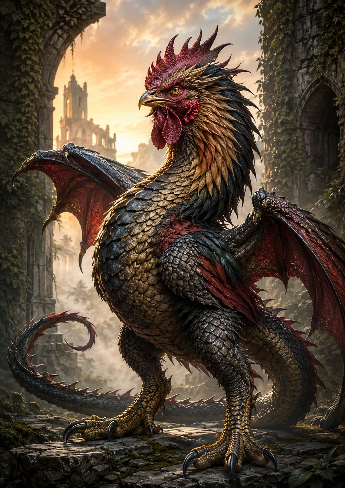 Cockatrice of the Ivy-Crowned Ruins mythical creature fantasy wall print by towelme