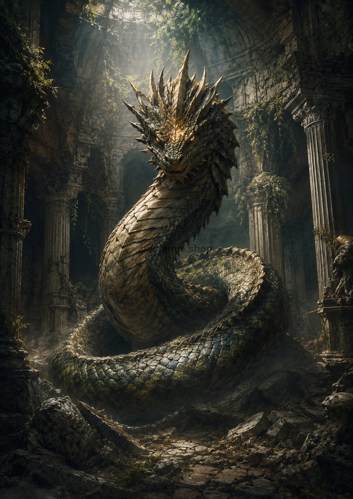 Ancient Serpent of the Forgotten Shrine mythical creature fantasy wall print by towelme