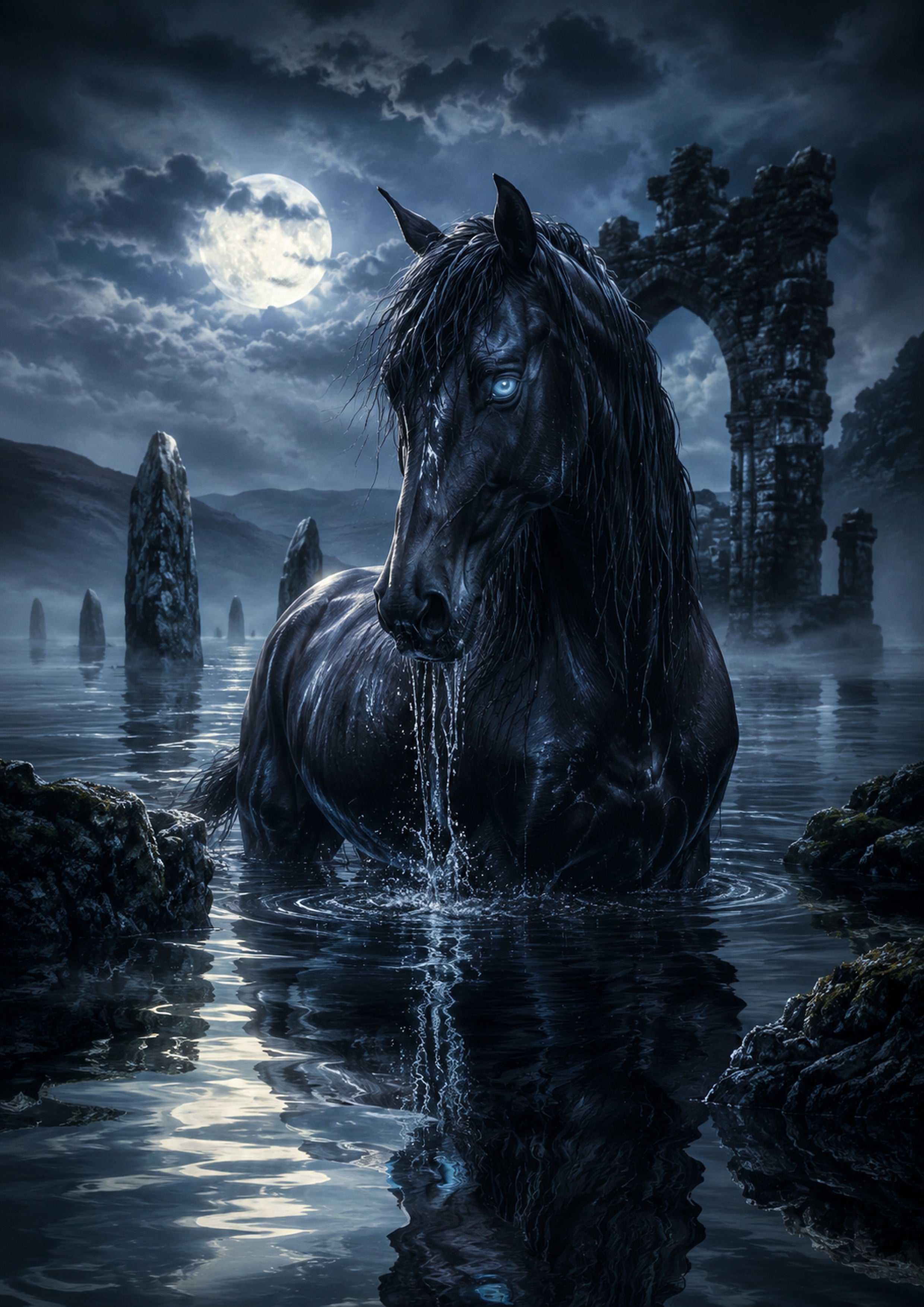 Moonlit Kelpie at the Ruined Gate mythical creature fantasy wall print by towelme