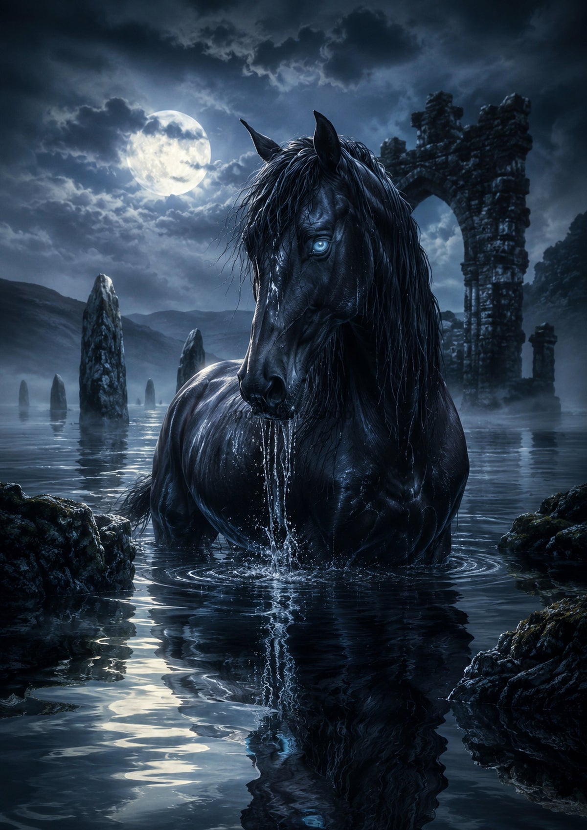 Moonlit Kelpie at the Ruined Gate mythical creature fantasy wall print by towelme