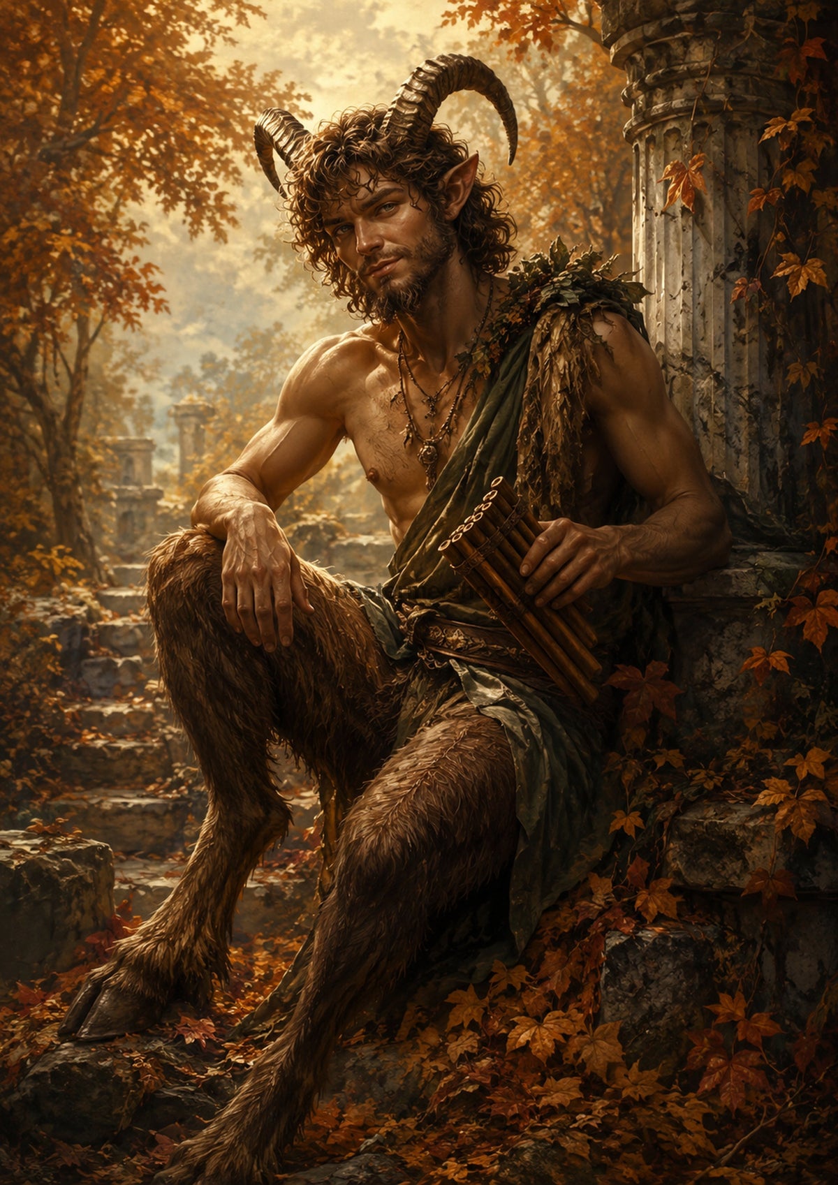 Satyr Piper in the Autumn Ruins mythical creature fantasy wall print by towelme