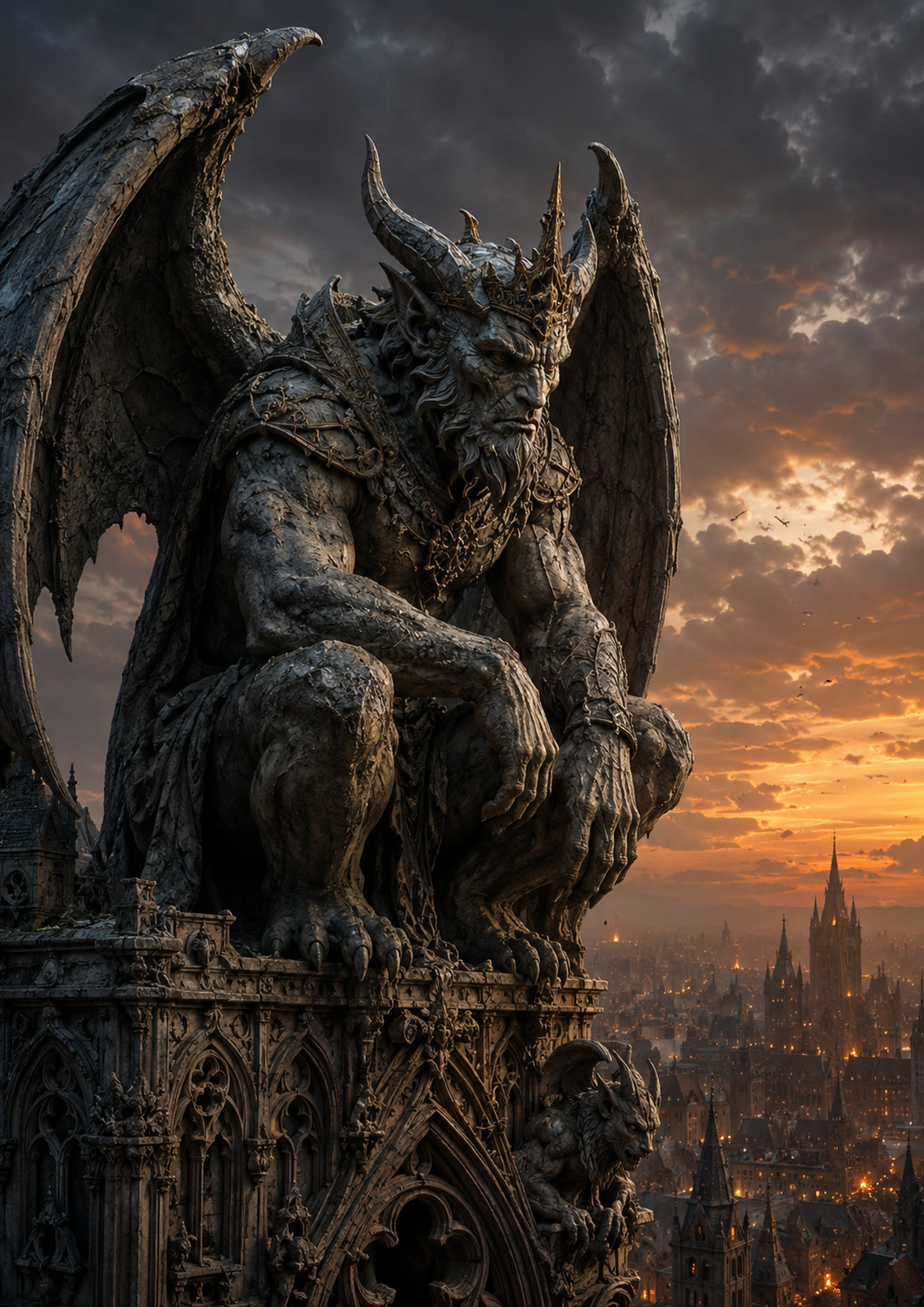 Gargoyle Sentinel Above the Twilight City mythical creature fantasy wall print by towelme