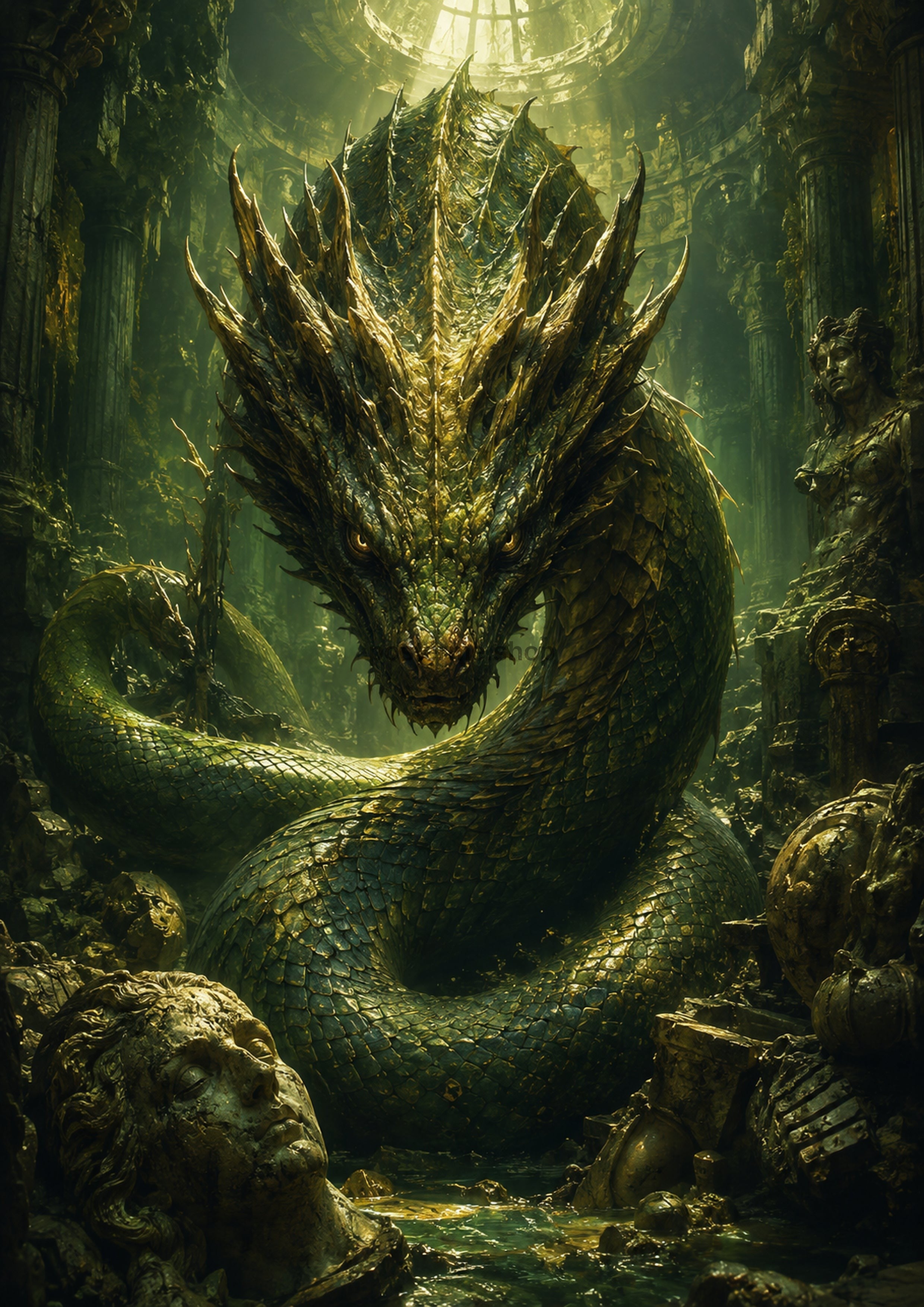 Emerald Basilisk of the Sunken Temple mythical creature fantasy wall print by towelme