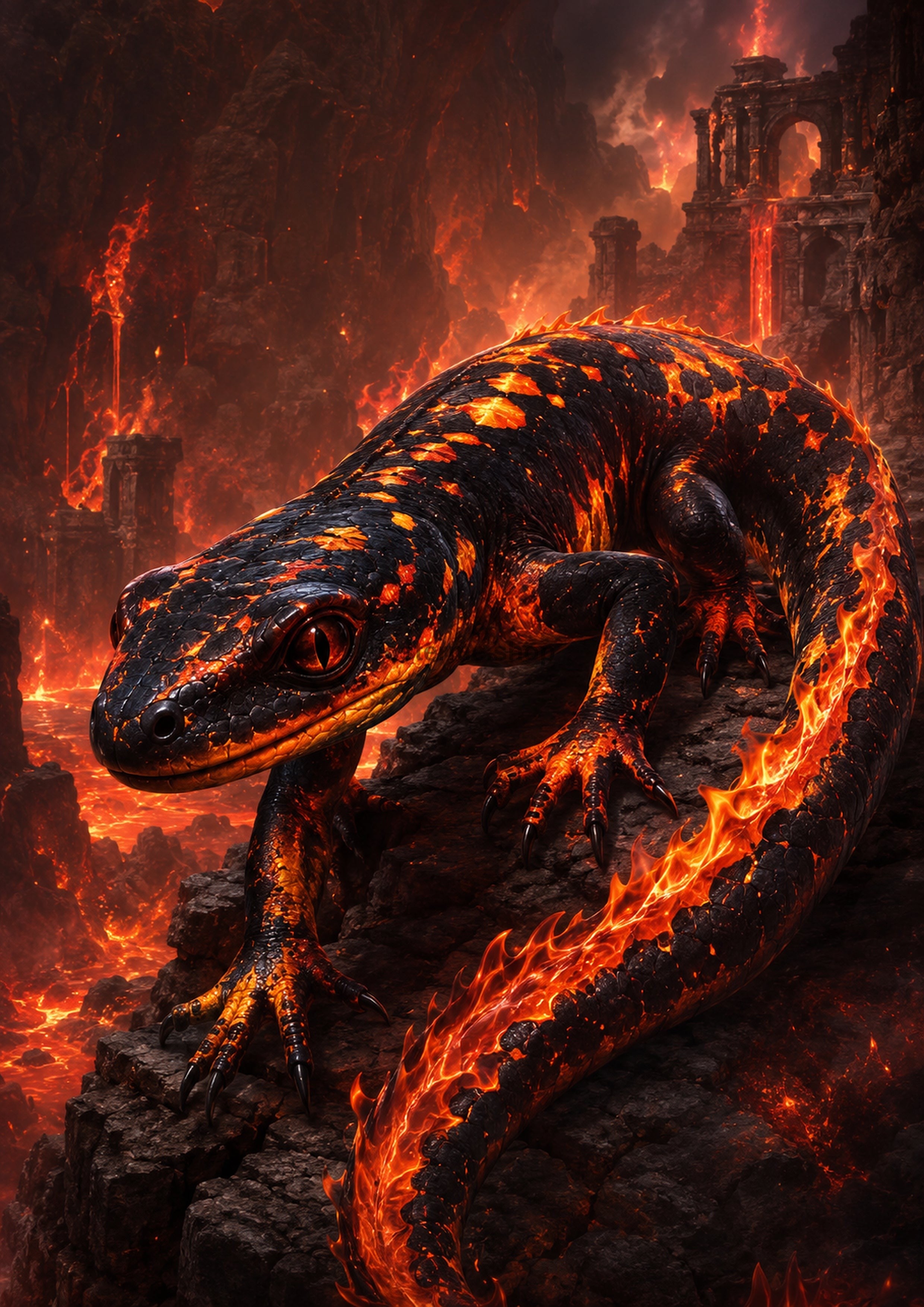 Inferno Salamander of the Lava Citadel mythical creature fantasy wall print by towelme