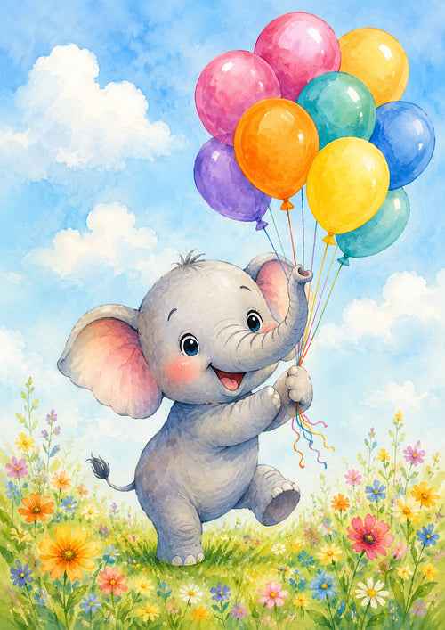 Baby Elephant with Balloons in Meadow colourful nursery wall print by PosterMe.shop