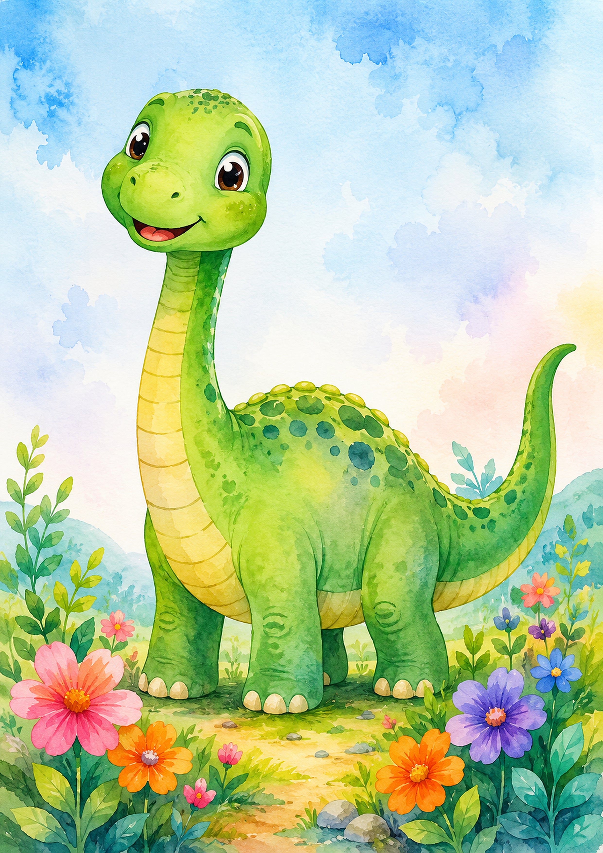 Friendly Dinosaur in A Flower Filled Meadow colourful nursery wall print by PosterMe.shop
