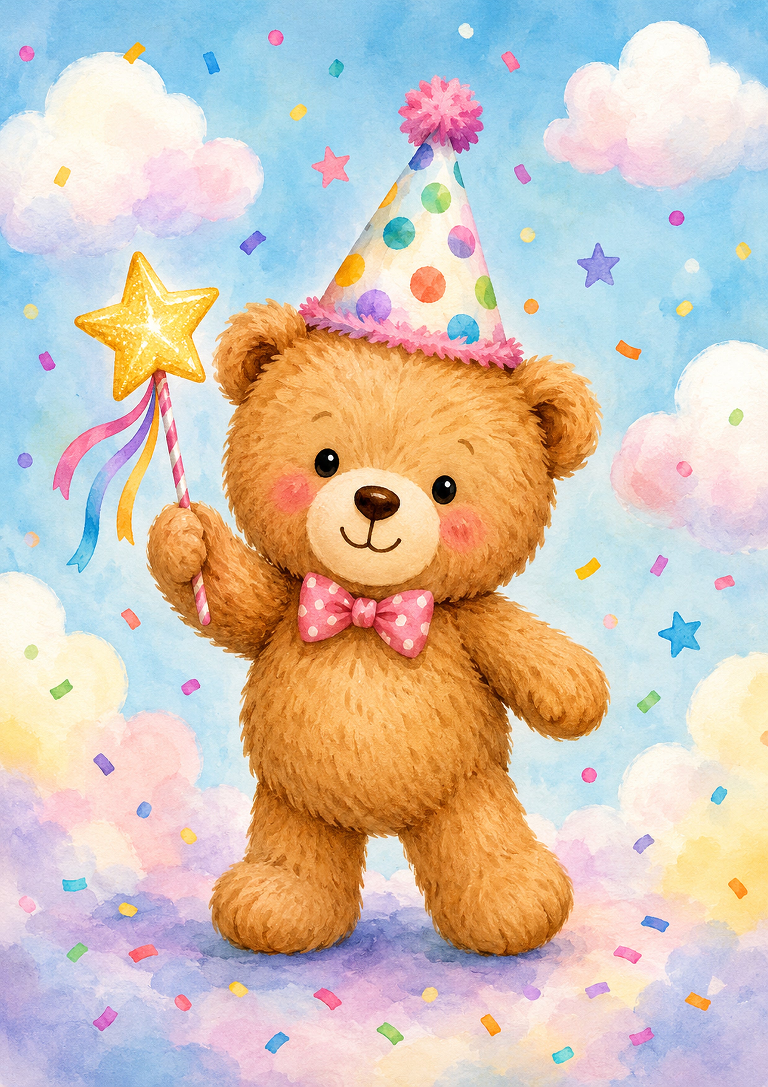 Magical Bear's Pastel Party Celebration colourful nursery wall print by PosterMe.shop