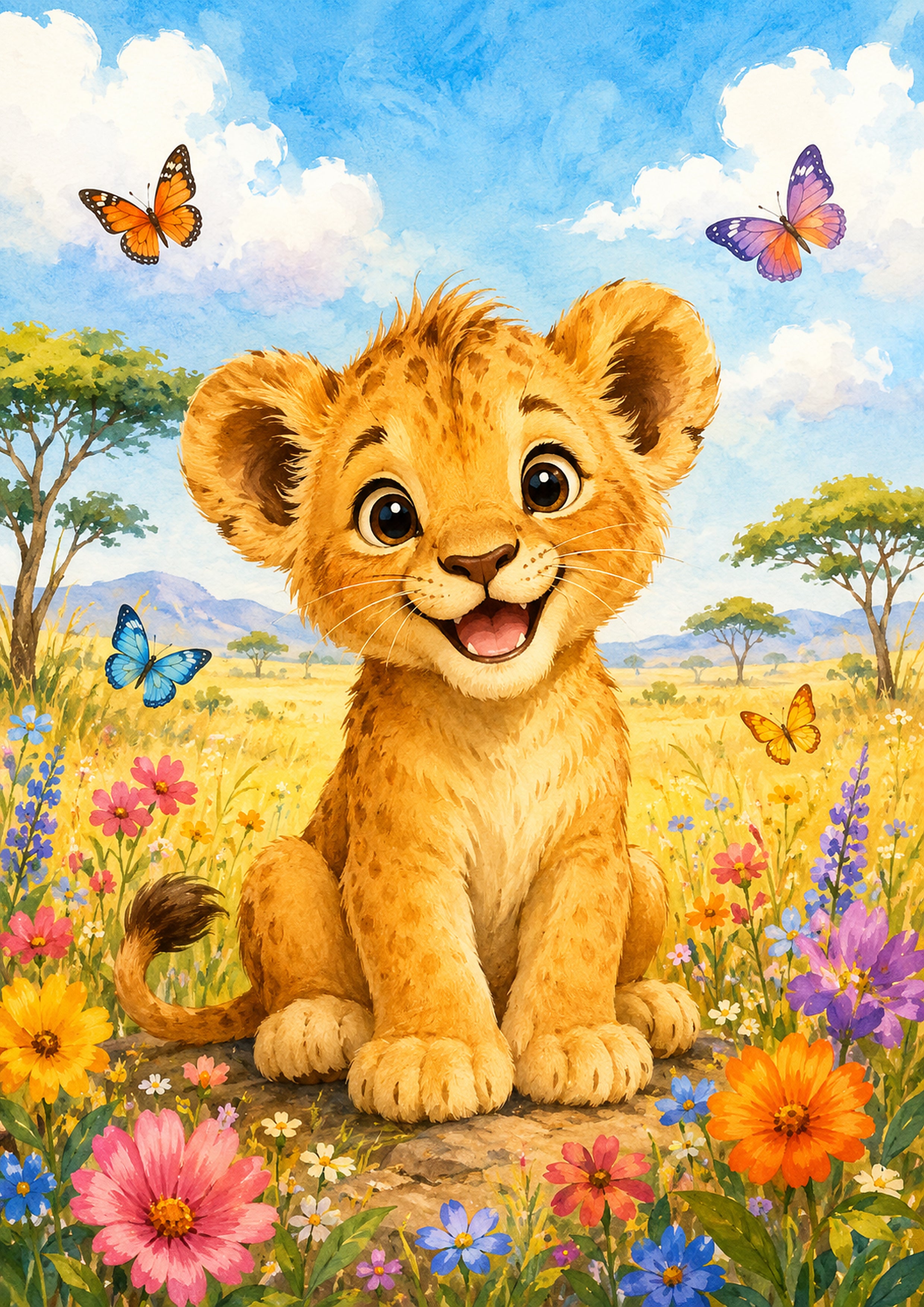 Playful Cub in A Sunlit Meadow colourful nursery wall print by PosterMe.shop