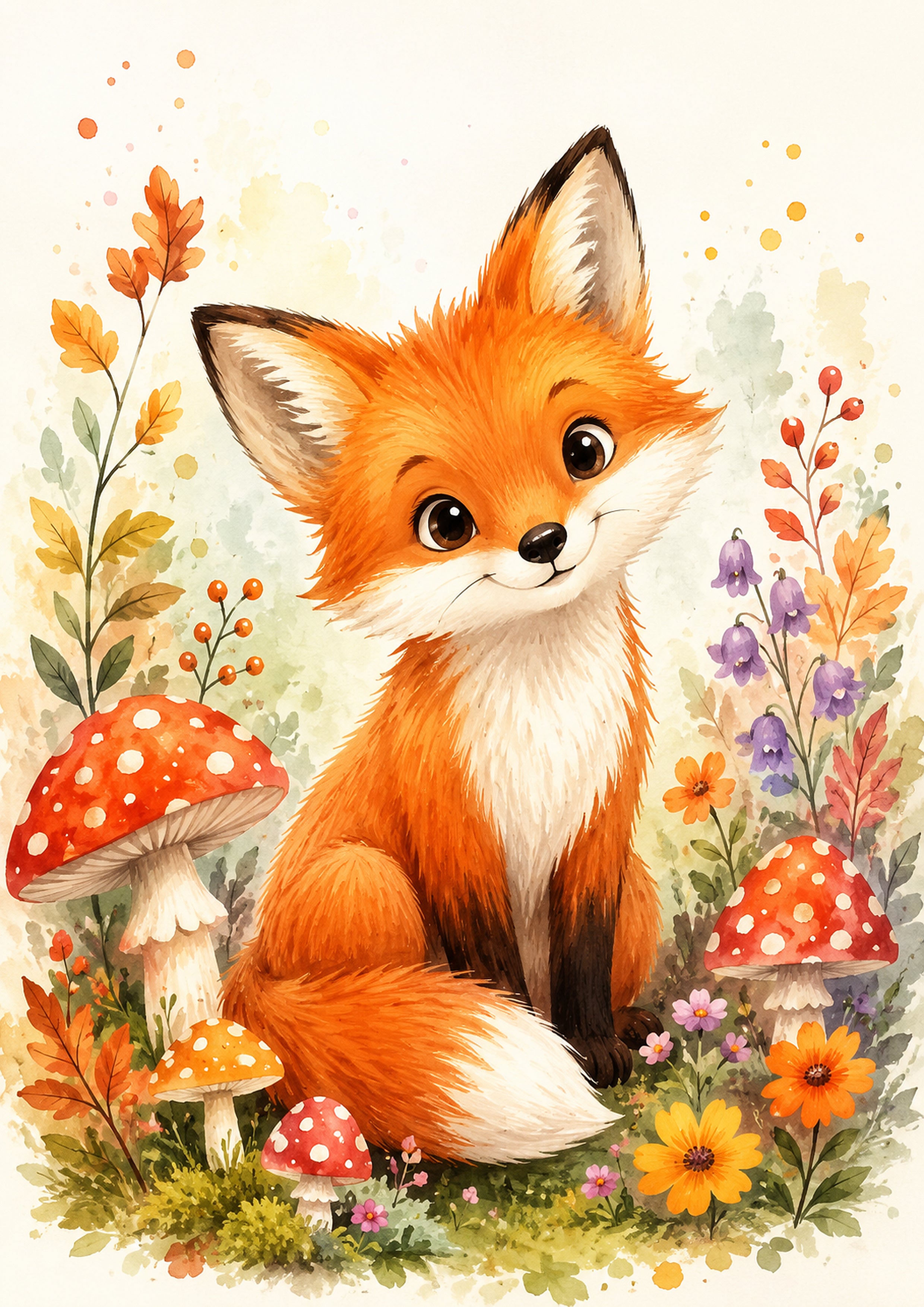 Playful Fox in A Woodland Scene colourful nursery wall print by PosterMe.shop