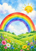 Rainbow over Flower Filled Meadow colourful nursery wall print by PosterMe.shop