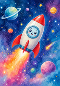Rocket Adventure Through Cosmic Clouds colourful nursery wall print by PosterMe.shop