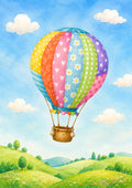 Whimsical Balloon over Pastel Meadows colourful nursery wall print by PosterMe.shop