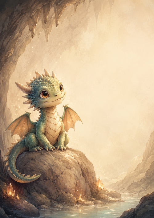 Baby Dragon in A Glowing Cave fantasy nursery wall print by PosterMe.shop