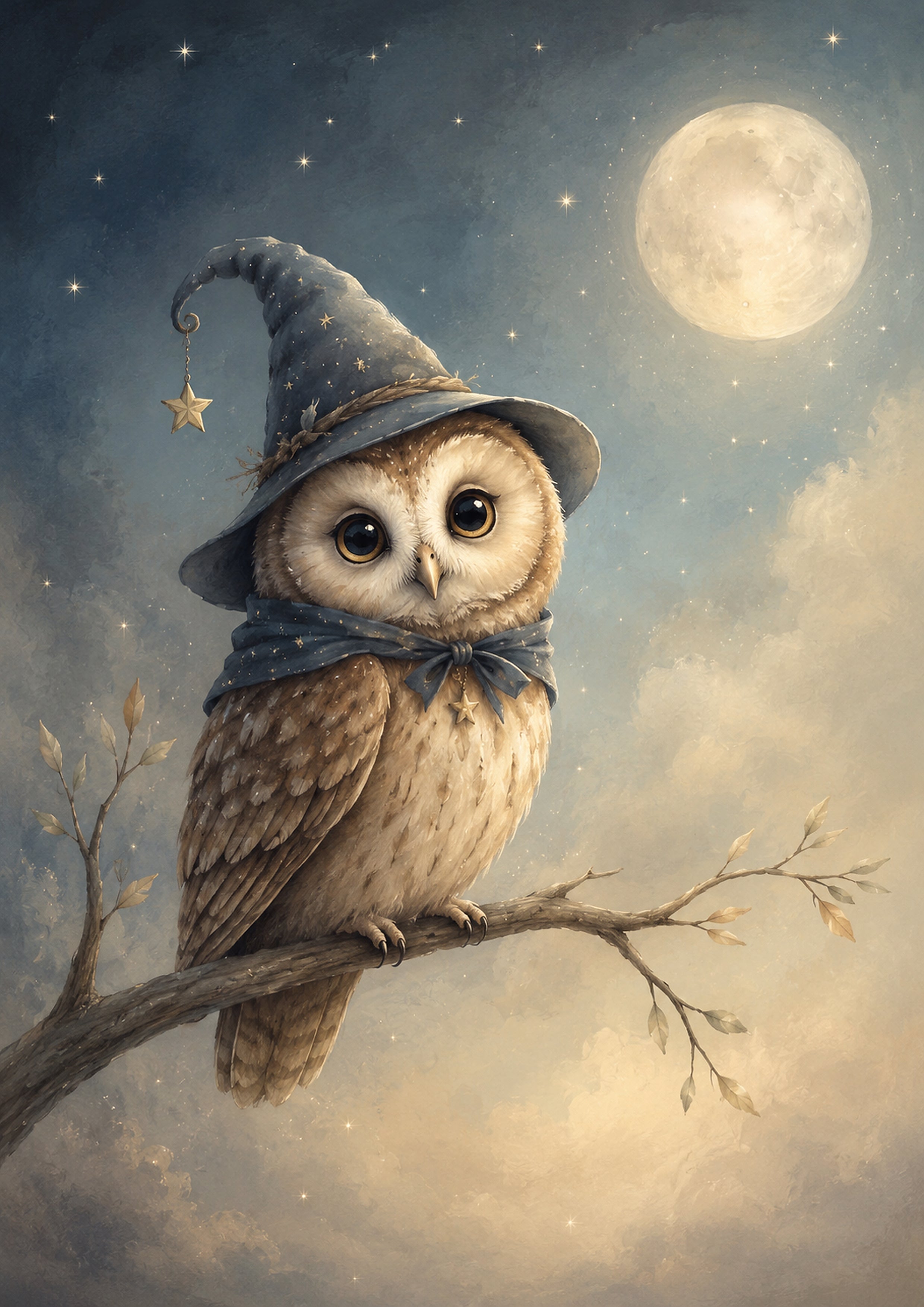 Whimsical Owl Under A Glowing Moon fantasy nursery wall print by PosterMe.shop