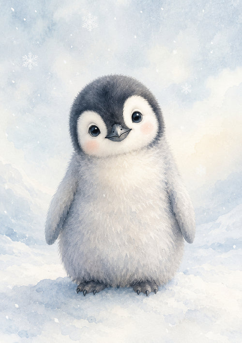 Adorable Penguin Chick in Snowy Serenity pastel nursery animal wall print by PosterMe.shop