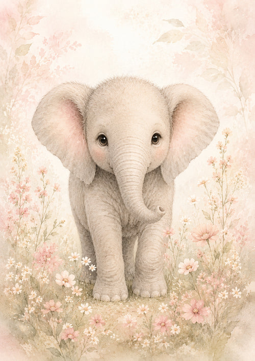 Baby Elephant in A Floral Meadow pastel nursery animal wall print by PosterMe.shop