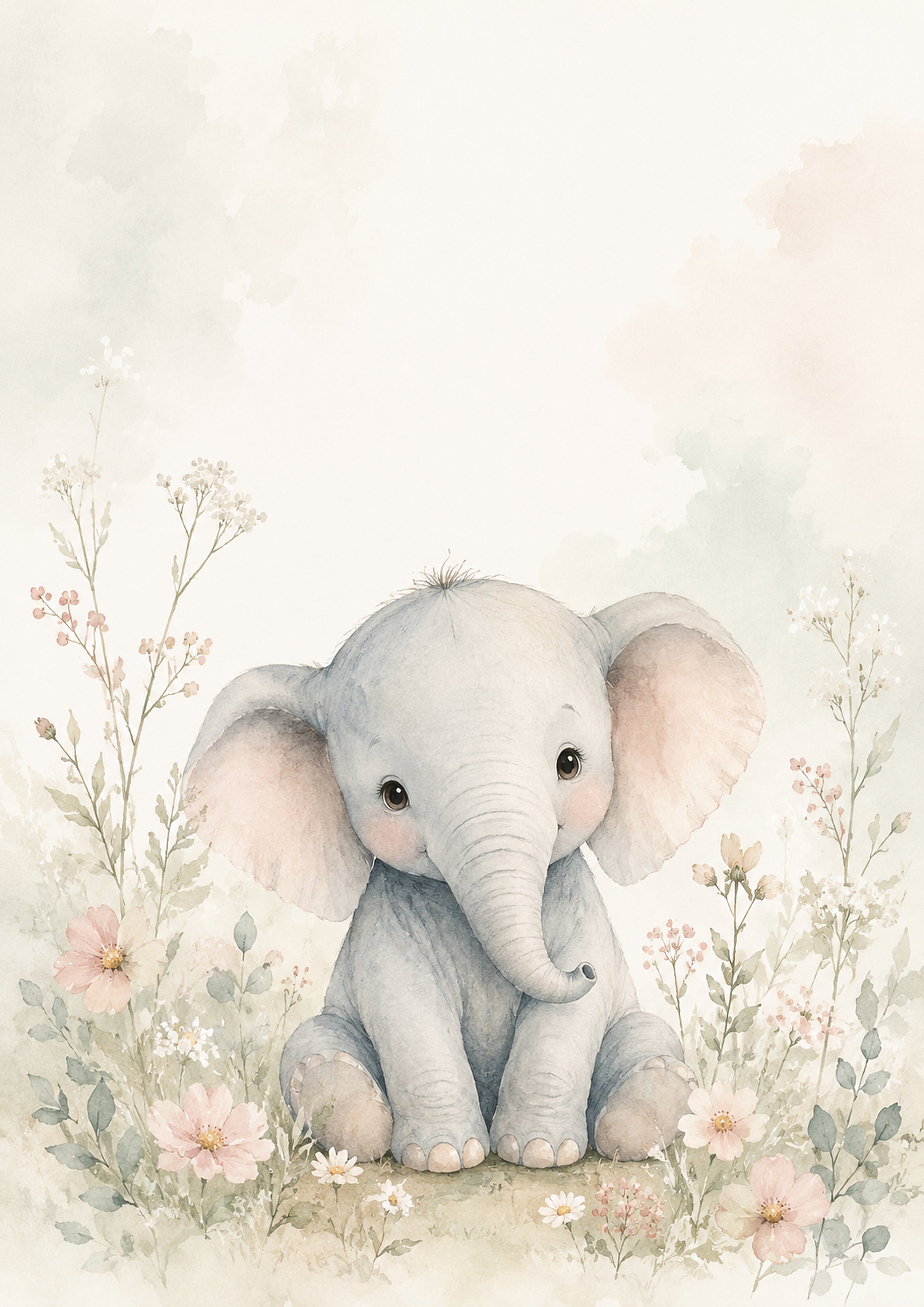 Baby Elephant in A Meadow of Blooms pastel nursery animal wall print by PosterMe.shop